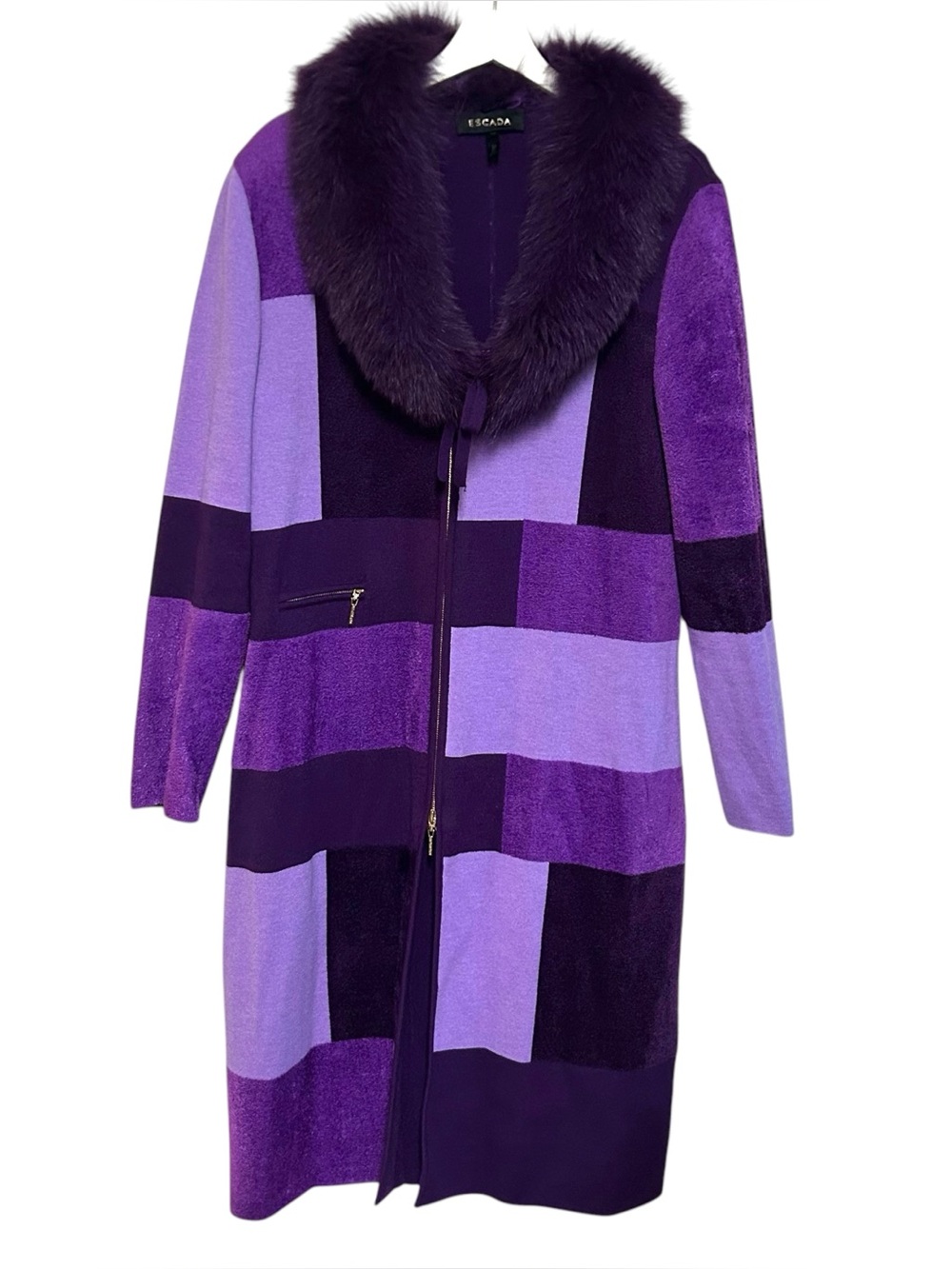 RARE ESCADA 42 wool long sweater zip jacket fox fur collar purple color block